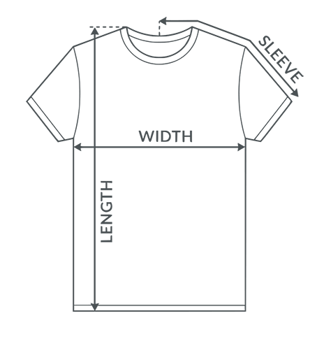 T-shirt measurement diagram showing width, length and sleeve